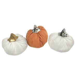 Set Of 3 Fabric Pumpkins With Decorative Stems In Orange & White